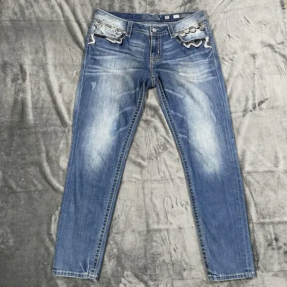 Miss Me Skinny Jeans Womens 31 Blue Medium Wash Embroidered Sequin Fringe - Picture 1 of 11